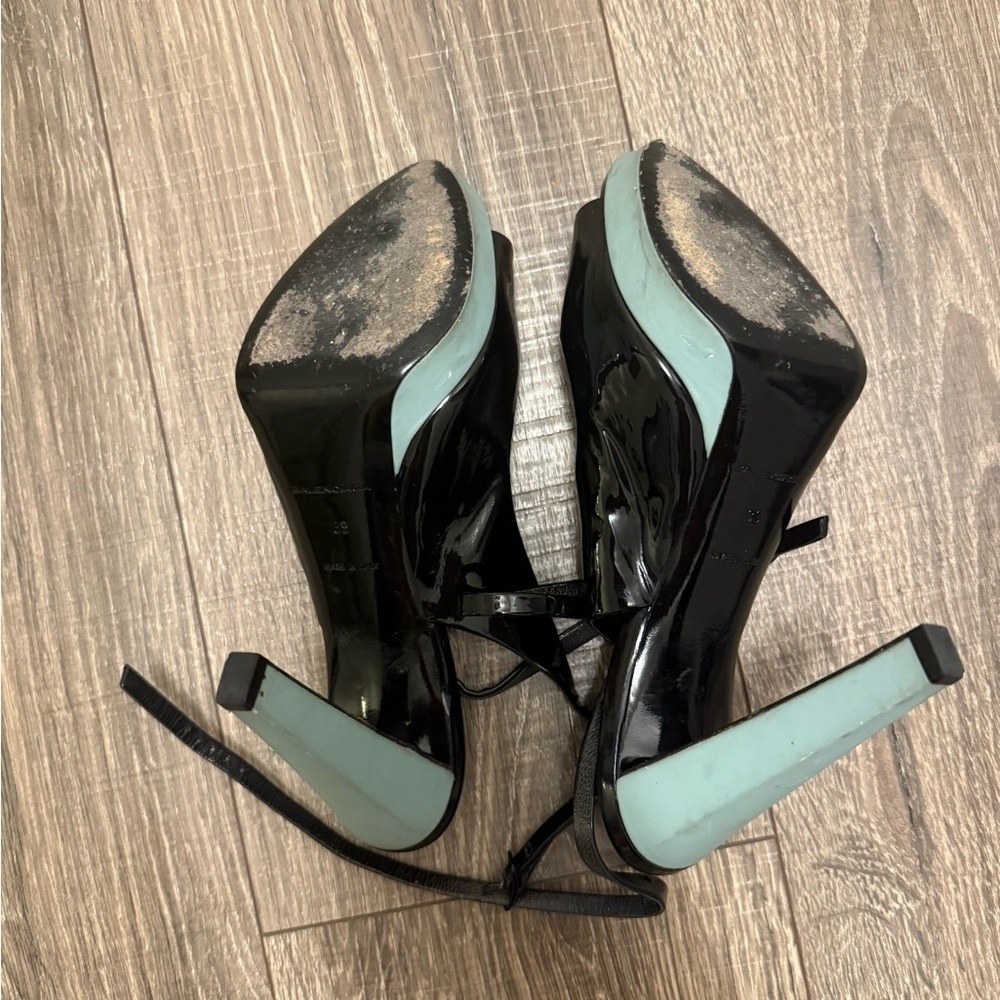 Balenciaga Paris Women’s Black Teal Patent Leather Peep Toe Heels Size 39 - Picture 6 of 8